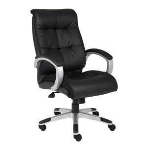 Double Plush Executive Office Chair with Black LeatherPlus Upholstery with Silver Finish by Boss Office Products