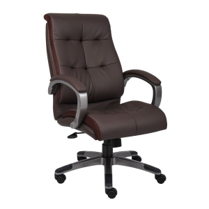 Double Plush Executive Office Chair with Bomber Brown LeatherPlus Upholstery with Pewter Finish by Boss Office Products