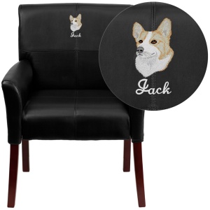 Embroidered Black Leather Executive Side Reception Chair with Mahogany Legs - by Flash Furniture