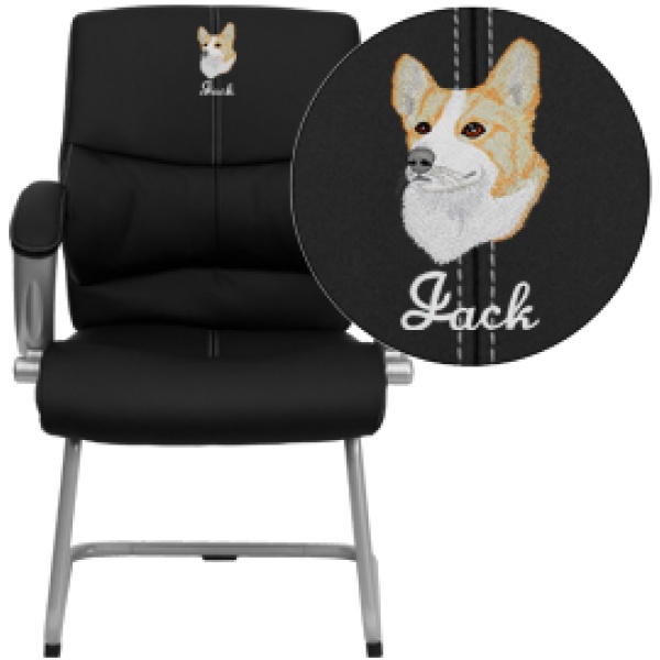 Embroidered-Black-Leather-Executive-Side-Reception-Chair-with-Silver-Sled-Base-by-Flash-Furniture