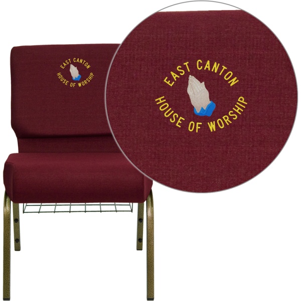 Embroidered-HERCULES-Series-21W-Church-Chair-in-Burgundy-Fabric-with-Cup-Book-Rack-Gold-Vein-Frame-by-Flash-Furniture