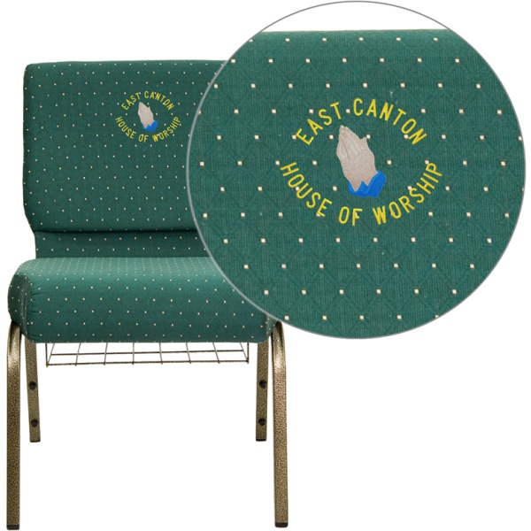 Embroidered-HERCULES-Series-21W-Church-Chair-in-Hunter-Green-Dot-Patterned-Fabric-with-Book-Rack-Gold-Vein-Frame-by-Flash-Furniture