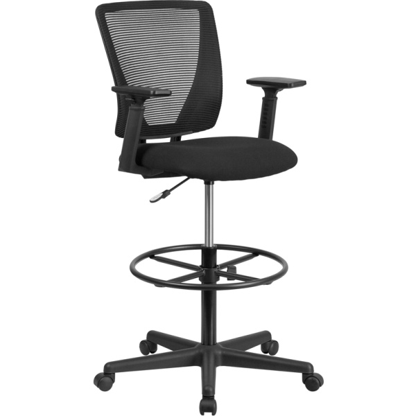 Ergonomic-Mid-Back-Mesh-Drafting-Chair-with-Black-Fabric-Seat-Adjustable-Foot-Ring-and-Adjustable-Arms-by-Flash-Furniture