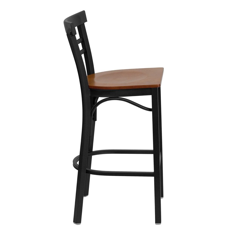HERCULES Series Black Ladder Back Metal Restaurant Barstool - Cherry Wood Seat - by Flash Furniture - Image 2