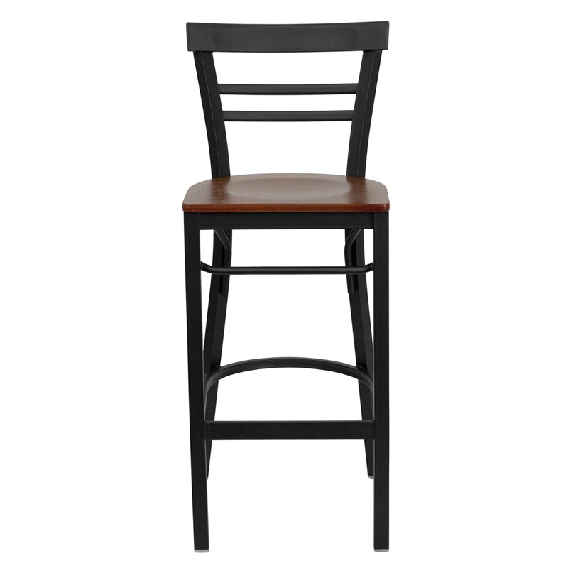 HERCULES Series Black Ladder Back Metal Restaurant Barstool - Cherry Wood Seat - by Flash Furniture - Image 6