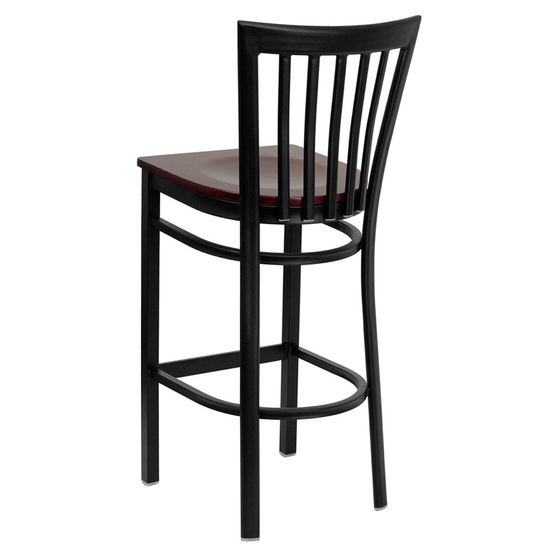HERCULES Series Black School House Back Metal Restaurant Barstool - Mahogany Wood Seat - by Flash Furniture - Image 4