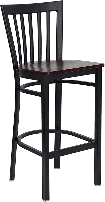 HERCULES Series Black School House Back Metal Restaurant Barstool - Mahogany Wood Seat - by Flash Furniture