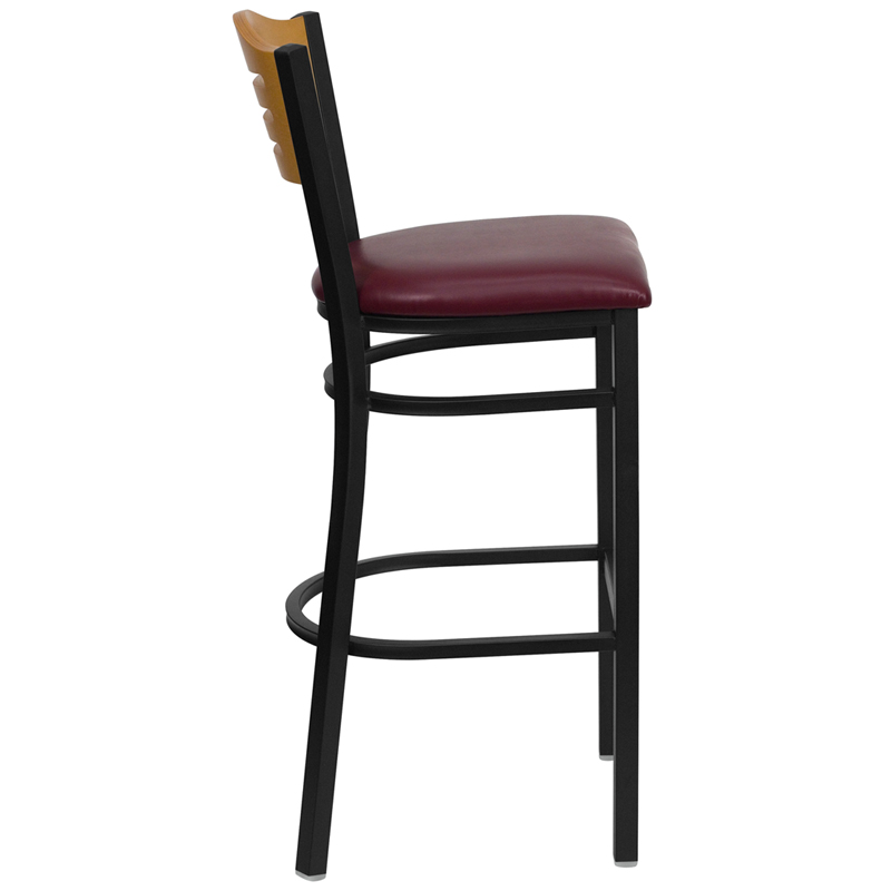 HERCULES Series Black Slat Back Metal Restaurant Barstool - Natural Wood Back, Burgundy Vinyl Seat - by Flash Furniture - Image 3