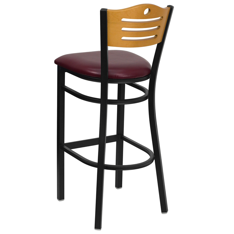 HERCULES Series Black Slat Back Metal Restaurant Barstool - Natural Wood Back, Burgundy Vinyl Seat - by Flash Furniture - Image 5