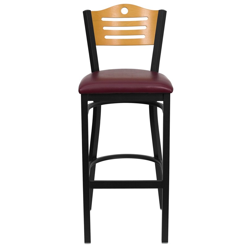 HERCULES Series Black Slat Back Metal Restaurant Barstool - Natural Wood Back, Burgundy Vinyl Seat - by Flash Furniture - Image 6