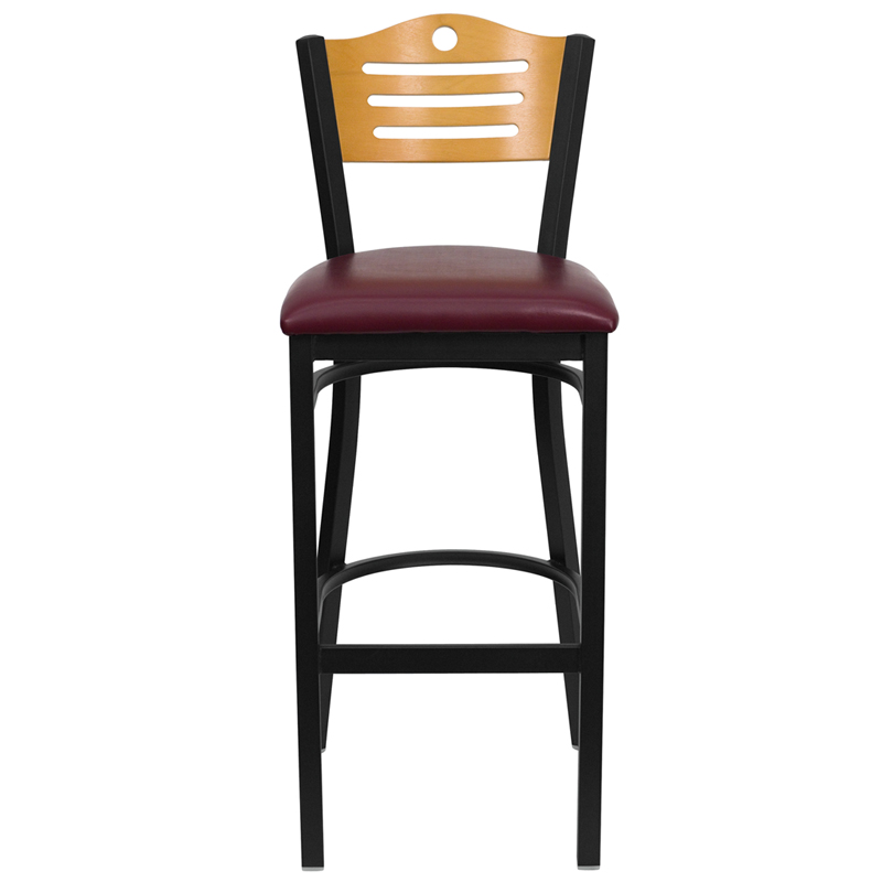 HERCULES Series Black Slat Back Metal Restaurant Barstool - Natural Wood Back, Burgundy Vinyl Seat - by Flash Furniture - Image 7