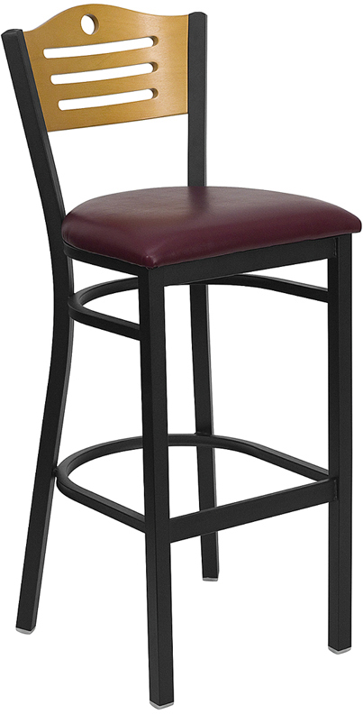 HERCULES Series Black Slat Back Metal Restaurant Barstool - Natural Wood Back, Burgundy Vinyl Seat - by Flash Furniture