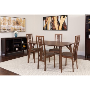 Halstead 5 Piece Walnut Wood Dining Table Set with High Triple Window Pane Back Wood Dining Chairs - Padded Seats by Flash Furniture