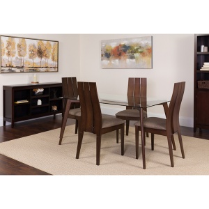 Hawthorne 5 Piece Espresso Wood Dining Table Set with Glass Top and Wide Slat Back Wood Dining Chairs - Padded Seats by Flash Furniture