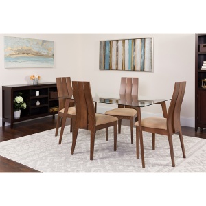 Hawthorne 5 Piece Walnut Wood Dining Table Set with Glass Top and Wide Slat Back Wood Dining Chairs - Padded Seats by Flash Furniture