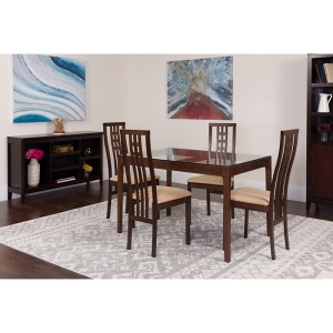 Highland 5 Piece Espresso Wood Dining Table Set with Glass Top and High Triple Window Pane Back Wood Dining Chairs - Padded Seats by Flash Furniture