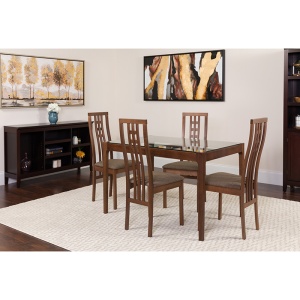 Highland 5 Piece Walnut Wood Dining Table Set with Glass Top and High Triple Window Pane Back Wood Dining Chairs - Padded Seats by Flash Furniture