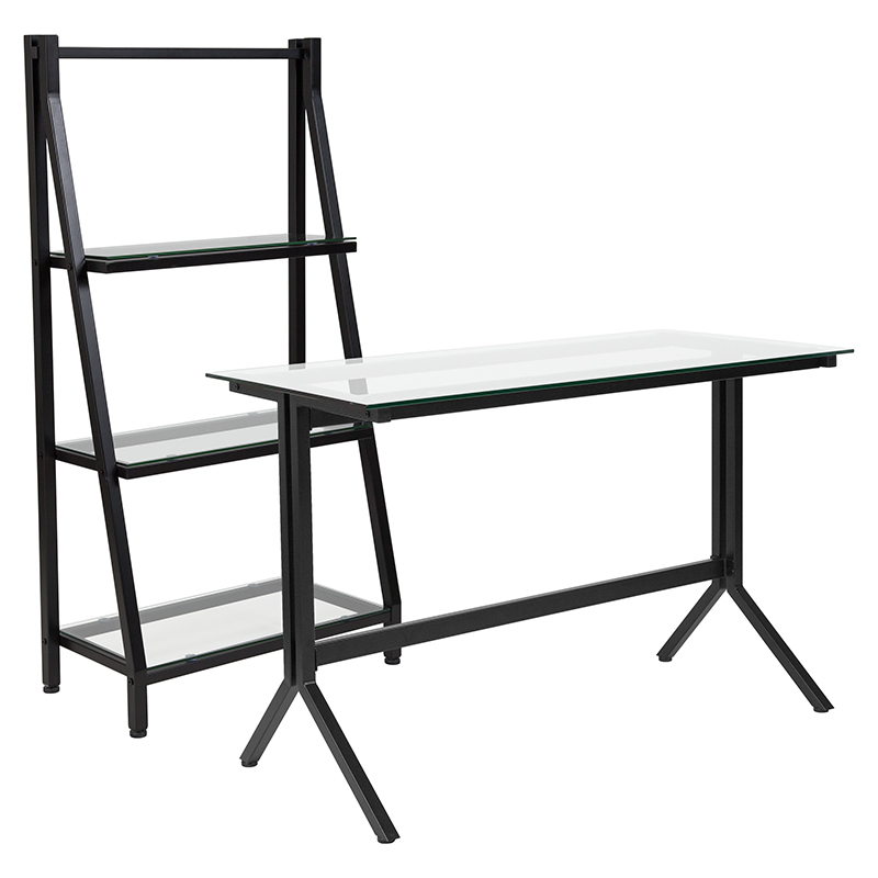 Highland Collection Glass Computer Desk and Bookshelf with Black Metal