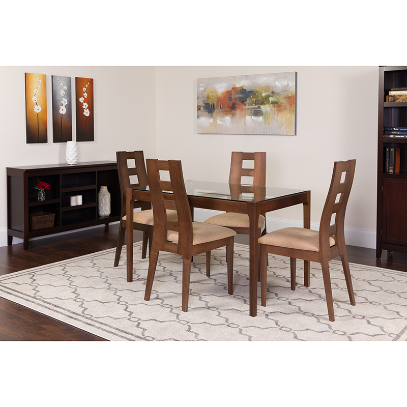 Hollister 5 Piece Walnut Wood Dining Table Set with Glass Top and