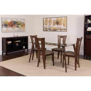 Huntington 5 Piece Espresso Wood Dining Table Set with Glass Top and Slotted Back Wood Dining Chairs - Padded Seats by Flash Furniture