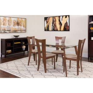 Huntington 5 Piece Walnut Wood Dining Table Set with Glass Top and Slotted Back Wood Dining Chairs - Padded Seats by Flash Furniture