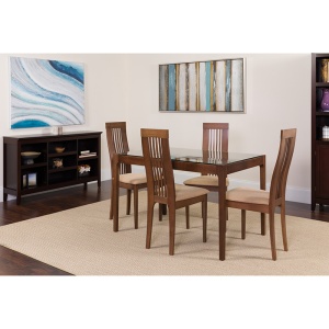 Imperial 5 Piece Walnut Wood Dining Table Set with Glass Top and Framed Rail Back Design Wood Dining Chairs - Padded Seats by Flash Furniture