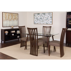 Lakewood 5 Piece Espresso Wood Dining Table Set with Glass Top and Dramatic Rail Back Design Wood Dining Chairs - Padded Seats by Flash Furniture