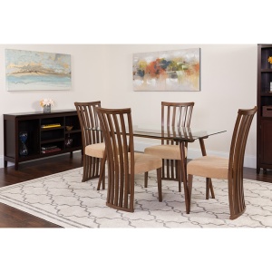 Lakewood 5 Piece Walnut Wood Dining Table Set with Glass Top and Dramatic Rail Back Design Wood Dining Chairs - Padded Seats by Flash Furniture