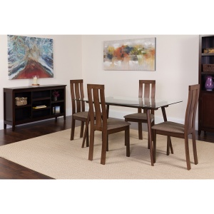 Lindsay 5 Piece Espresso Wood Dining Table Set with Glass Top and Vertical Wide Slat Back Wood Dining Chairs - Padded Seats by Flash Furniture