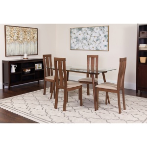 Lindsay 5 Piece Walnut Wood Dining Table Set with Glass Top and Vertical Wide Slat Back Wood Dining Chairs - Padded Seats by Flash Furniture