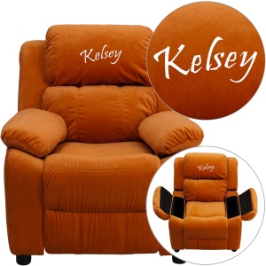Personalized Deluxe Padded Orange Microfiber Kids Recliner with Storage Arms - by Flash Furniture