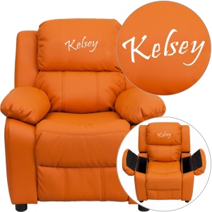 Personalized Deluxe Padded Orange Vinyl Kids Recliner with Storage Arms - by Flash Furniture