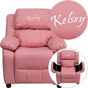 Personalized Deluxe Padded Pink Vinyl Kids Recliner with Storage Arms - by Flash Furniture