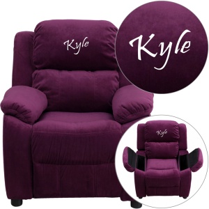 Personalized Deluxe Padded Purple Microfiber Kids Recliner with Storage Arms - by Flash Furniture
