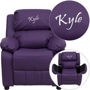 Personalized Deluxe Padded Purple Vinyl Kids Recliner with Storage Arms - by Flash Furniture