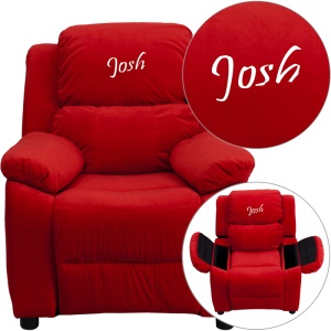 Personalized Deluxe Padded Red Microfiber Kids Recliner with Storage Arms - by Flash Furniture