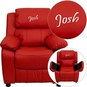 Personalized Deluxe Padded Red Vinyl Kids Recliner with Storage Arms - by Flash Furniture