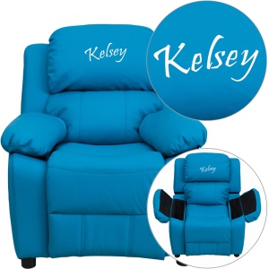 Personalized Deluxe Padded Turquoise Vinyl Kids Recliner with Storage Arms - by Flash Furniture