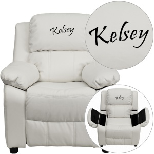 Personalized Deluxe Padded White Vinyl Kids Recliner with Storage Arms - by Flash Furniture