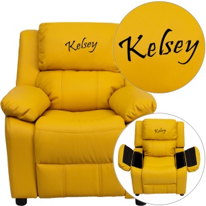 Personalized Deluxe Padded Yellow Vinyl Kids Recliner with Storage Arms - by Flash Furniture