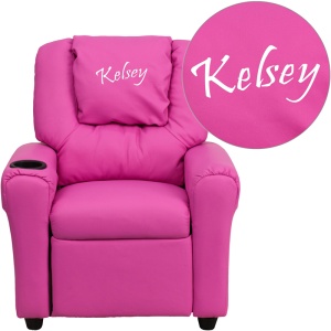 Personalized Hot Pink Vinyl Kids Recliner with Cup Holder and Headrest - by Flash Furniture