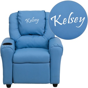 Personalized Light Blue Vinyl Kids Recliner with Cup Holder and Headrest - by Flash Furniture