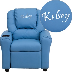 Personalized Light Blue Vinyl Kids Recliner with Cup Holder and Headrest - by Flash Furniture