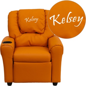 Personalized Orange Vinyl Kids Recliner with Cup Holder and Headrest - by Flash Furniture