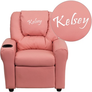 Personalized Pink Vinyl Kids Recliner with Cup Holder and Headrest - by Flash Furniture