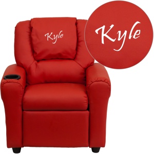 Personalized Red Vinyl Kids Recliner with Cup Holder and Headrest - by Flash Furniture
