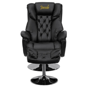 Personalized Transitional Black Leather Recliner and Ottoman with Chrome Base - by Flash Furniture