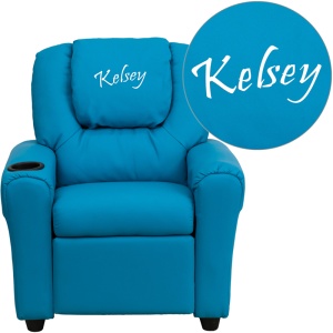 Personalized Turquoise Vinyl Kids Recliner with Cup Holder and Headrest - by Flash Furniture