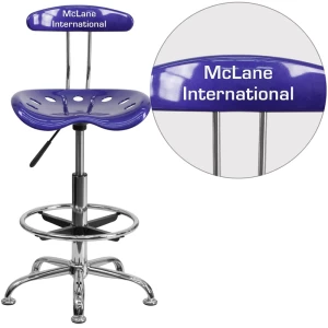 Personalized Vibrant Deep Blue and Chrome Drafting Stool with Tractor Seat - by Flash Furniture