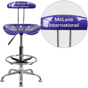 Personalized Vibrant Deep Blue and Chrome Drafting Stool with Tractor Seat - by Flash Furniture